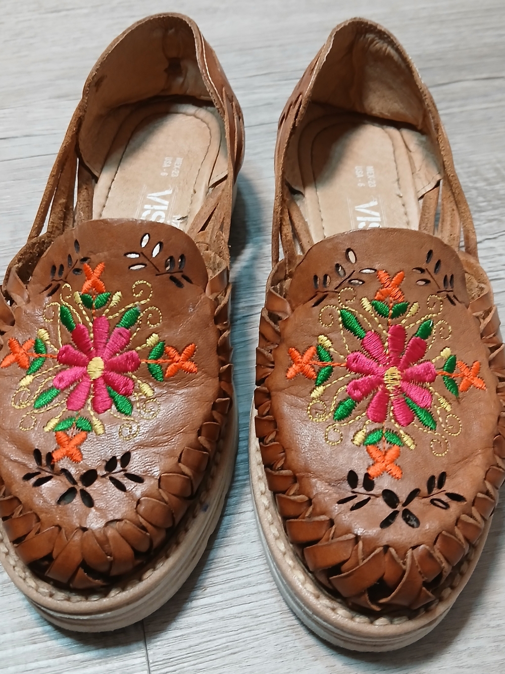Brown Embroidered Leather Slip-On Flats with Pink Floral Accent 6M
